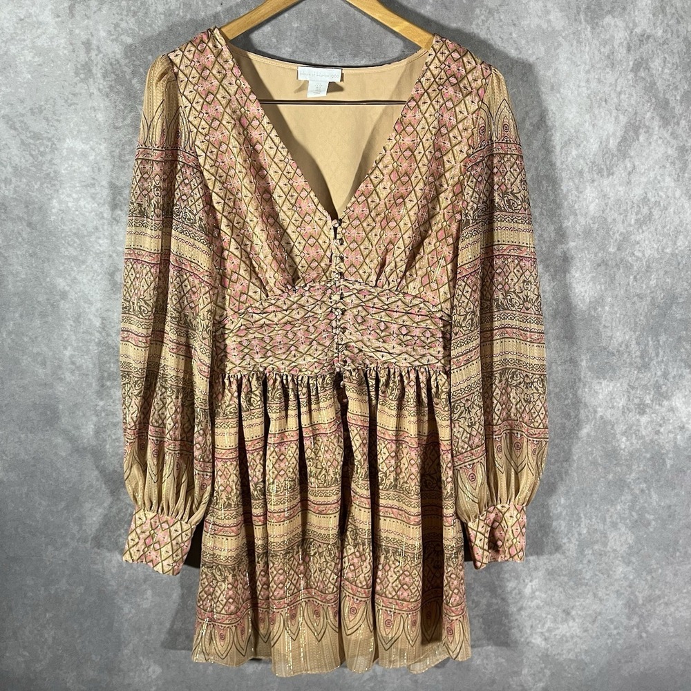 House of Harlow 1960 Mini Dress Women S Pink Gold Metallic Boho‎ Smocked V-Neck
